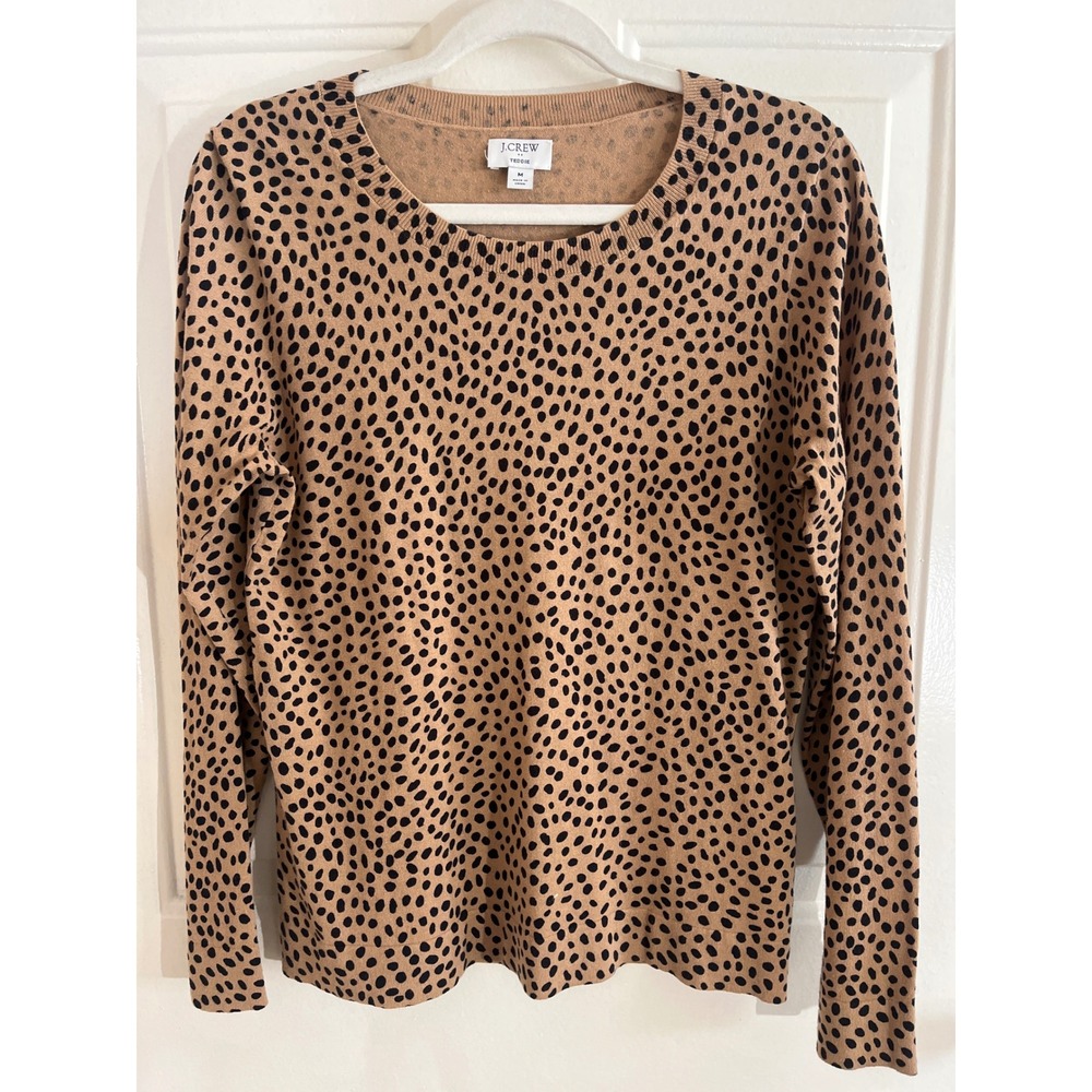 J. Crew Factory Teddie Sweater Women's M Brown Cheetah Print Cotton Crewneck